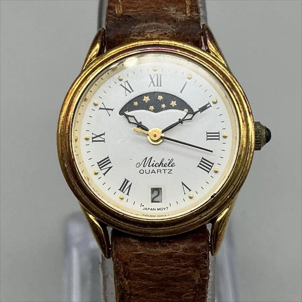 Vintage Michele Womens Watch 23mm Gold Tone Moon Phase Brown Leather New Battery